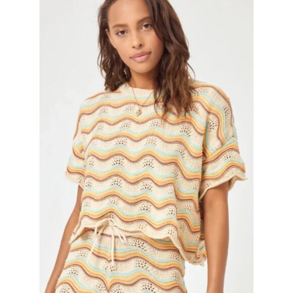 L*Space Women's Make Waves Sweater Top L Sano Stripe Cotton Boxy Knit - Picture 1 of 8
